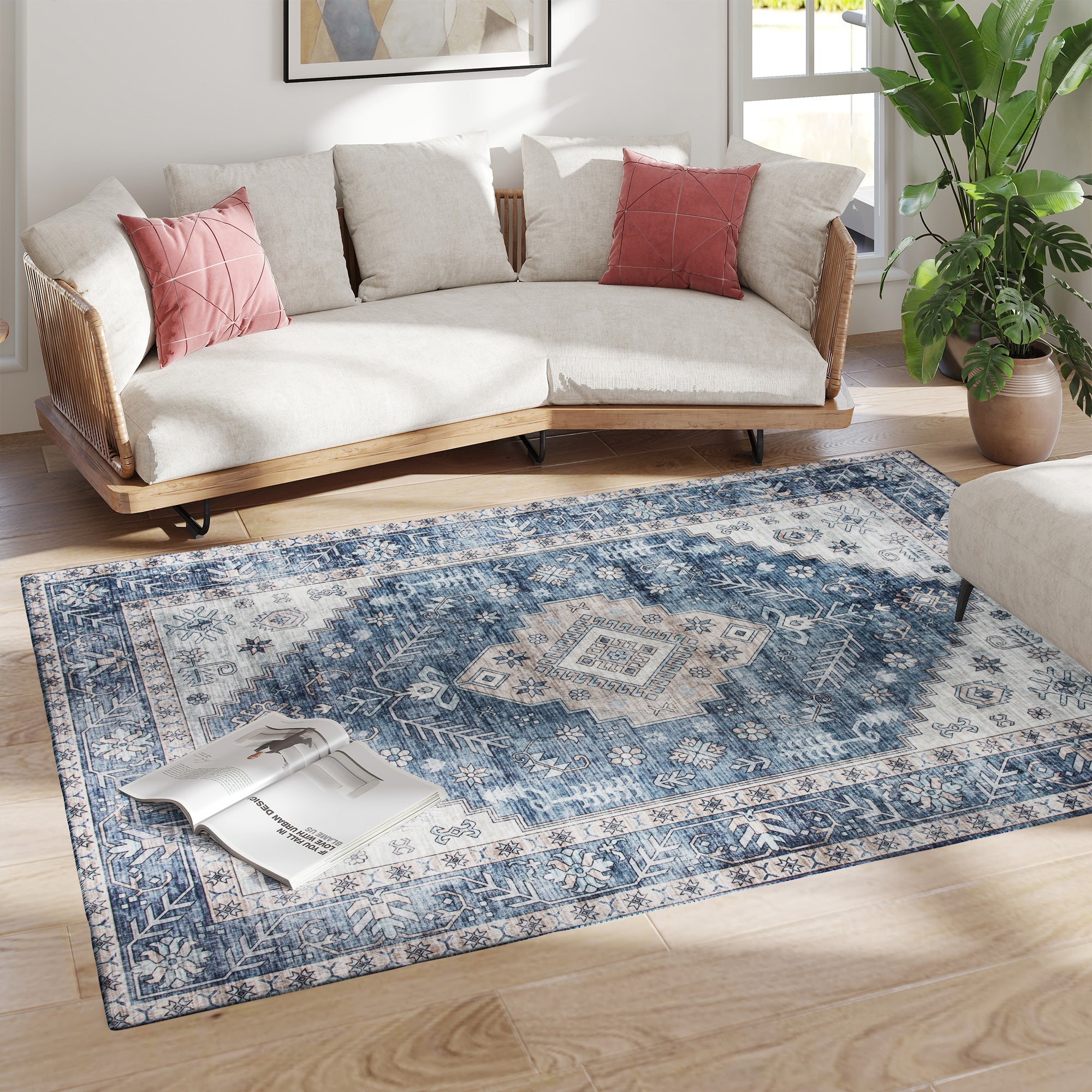 Blue 5x7 Area Rug, Vintage Washable Non-Slip Floor Rug