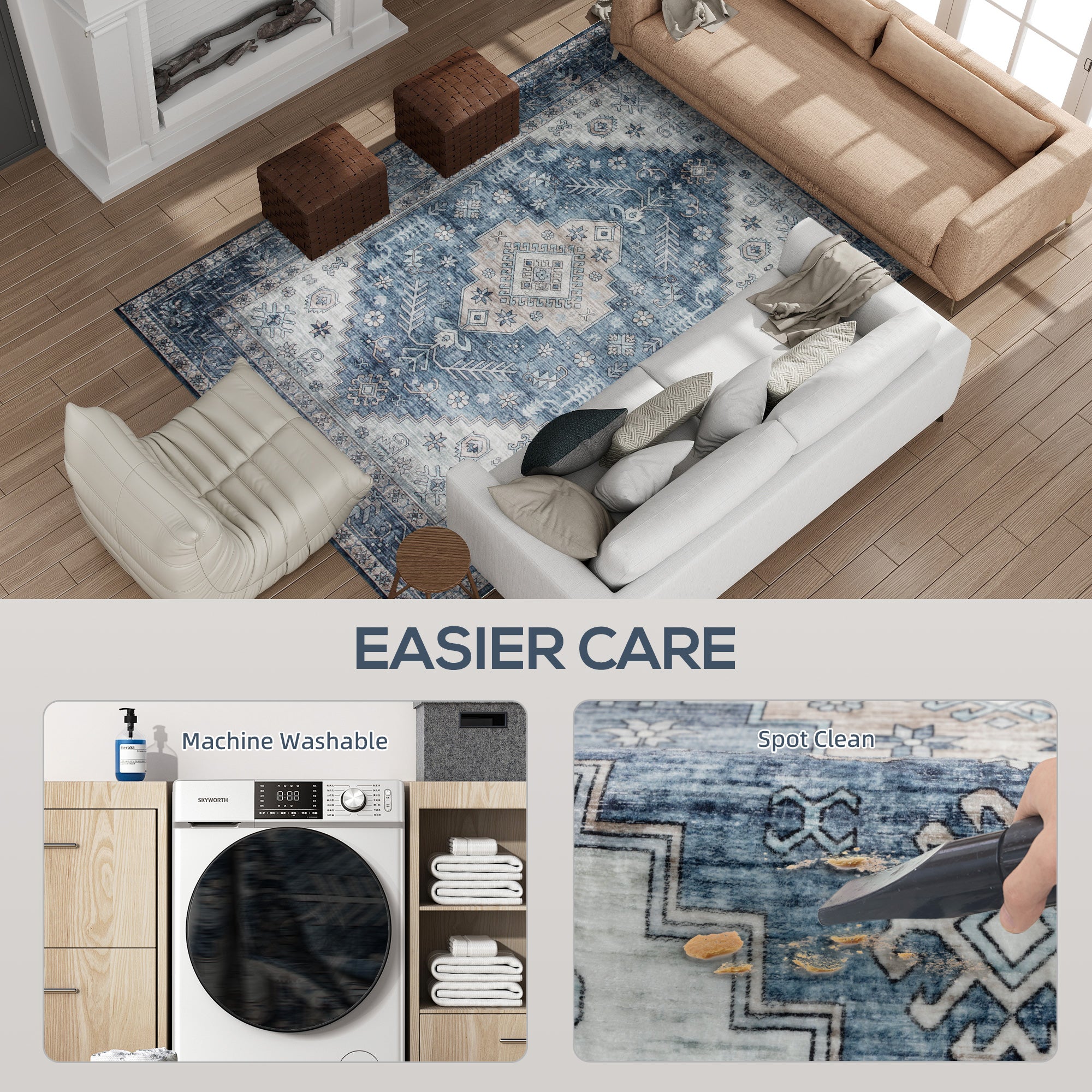 Blue 5x7 Area Rug, Vintage Washable Non-Slip Floor Rug 2