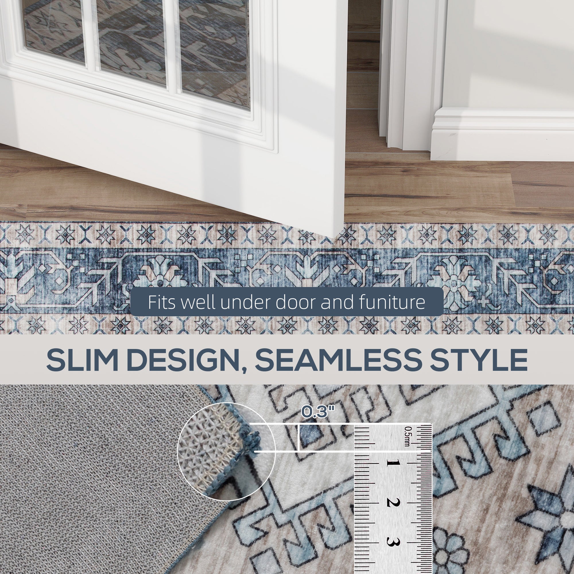 Blue 5x7 Area Rug, Vintage Washable Non-Slip Floor Rug 3